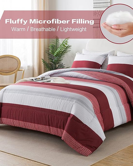Litanika Red Comforter Set King, 3 Pieces Boy Men Women Girls Christmas Comforter Bedding Set, Burgundy White Colorblock Stripe for Winter (104x90In Comforter & 2 Pillowcases) - LeafyLoom
