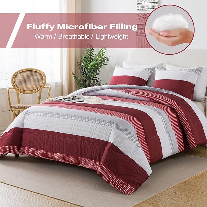 Litanika Red Comforter Set King, 3 Pieces Boy Men Women Girls Christmas Comforter Bedding Set, Burgundy White Colorblock Stripe for Winter (104x90In Comforter & 2 Pillowcases) - LeafyLoom