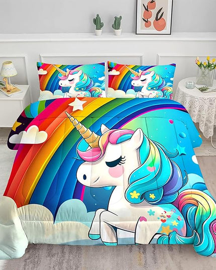 Rainbow Unicorn Bedding Sets Queen Size Comforter Set for Girls Kids Children Teens Boys Cartoon Unicorn Colorful Starry Blue Glitter Quilt 1 Comforter + 2 Pillow Cases - LeafyLoom