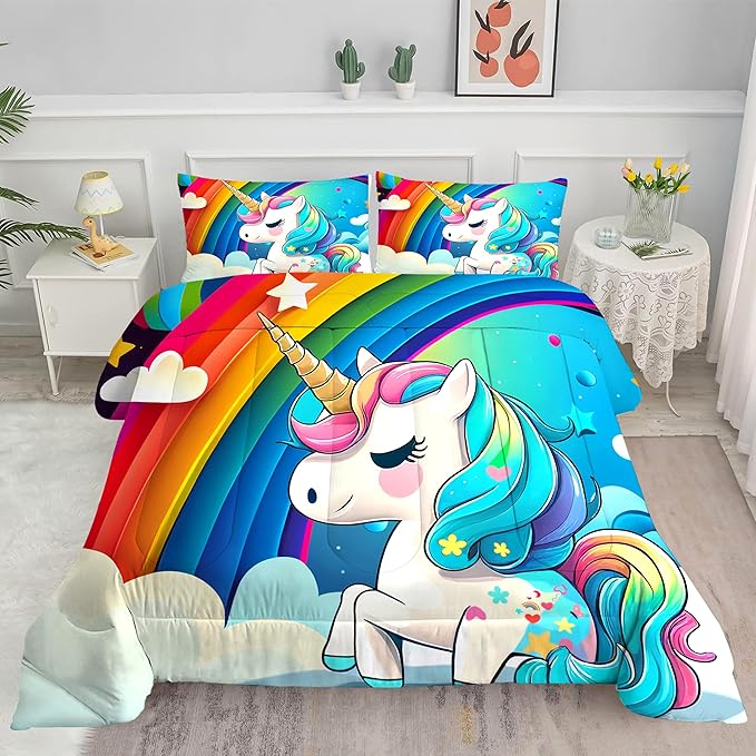 Rainbow Unicorn Bedding Sets Queen Size Comforter Set for Girls Kids Children Teens Boys Cartoon Unicorn Colorful Starry Blue Glitter Quilt 1 Comforter + 2 Pillow Cases - LeafyLoom