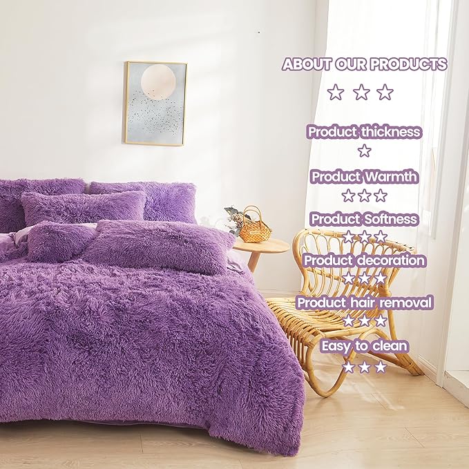 Fluffy dark purple comforters Cover twin size - Ultra Soft Plush red bedding Sets 2 Pieces (1 faux fur comforter Cover + 1 fuzzy pillow case) girls shaggy purple twin bed set (Dark purple, Twin) - LeafyLoom