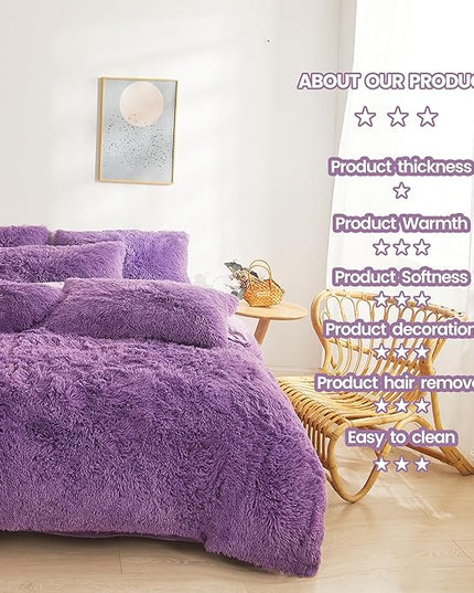FOPPA Dark Purple fluffy Comforter Cover Set king- Ultra Soft fluffy Purple Bedding Sets 3 Pieces (1 Duvet Cover + 2 Pillow case) pink fluffy bed set (Dark Purple, King) - LeafyLoom