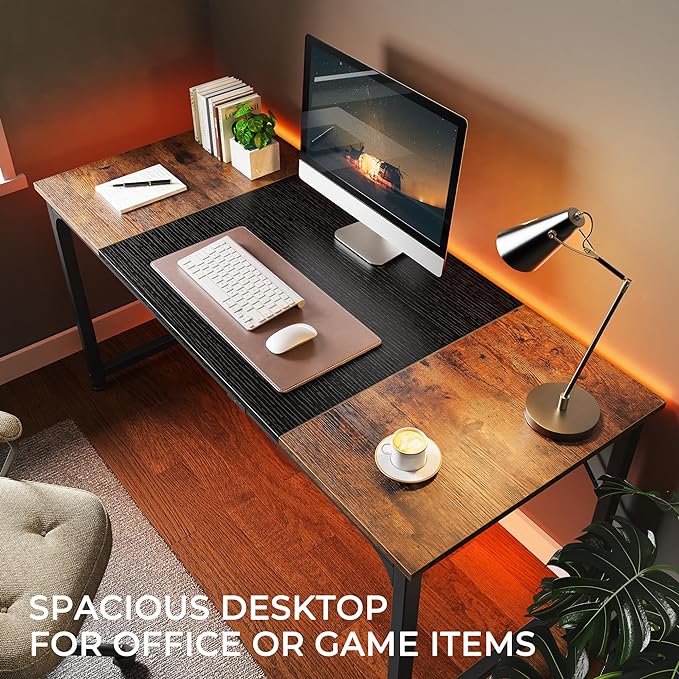 Computer Desk, 63 Inch Office Desk, Gaming Desk with Storage, Writing Desk Work Desk for Home Office, Study, Modern Simple Desk, Large Legroom, Metal Frame, Rustic Brown and Black - LeafyLoom