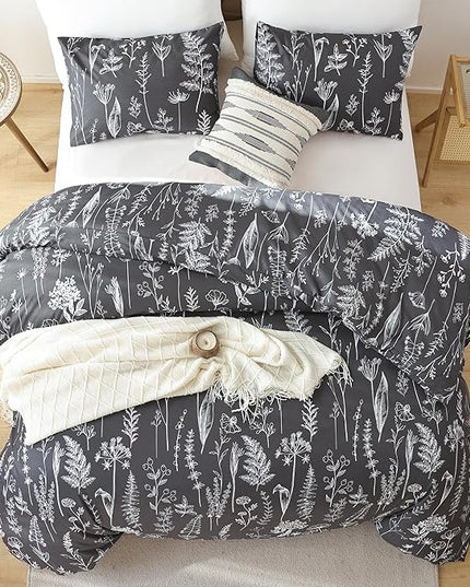 JANZAA Queen Comforter Set Dark Grey Comforter set Floral Comforter with 2 Pillow Cases Fluffy Microfiber Comforter Set for All Season Using Soft Comforter Set Boho - LeafyLoom