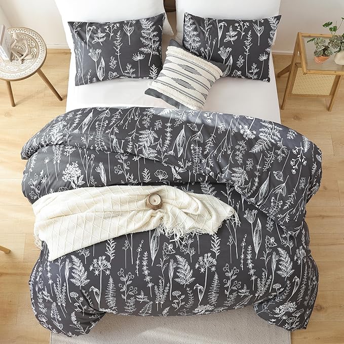 JANZAA Queen Comforter Set Dark Grey Comforter set Floral Comforter with 2 Pillow Cases Fluffy Microfiber Comforter Set for All Season Using Soft Comforter Set Boho - LeafyLoom