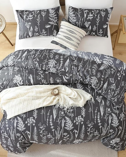 JANZAA King Size Comforter Set Dark Grey Comforter set Floral Comforter with 2 Pillow Cases Microfiber Soft Comforter Set for All Season Using Soft Comforter Set Boho - LeafyLoom