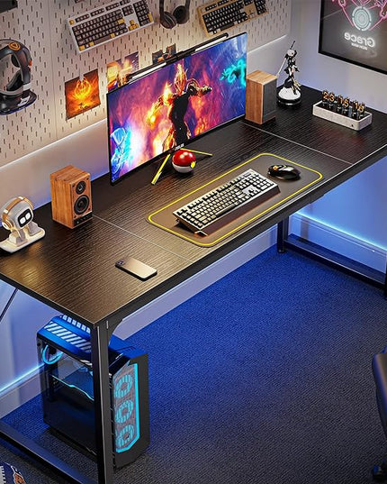 Computer Desk, 63 Inch Office Desk, Gaming Desk with Storage, Writing Desk Work Desk for Home Office, Study, Modern Simple Desk, Large Legroom, Metal Frame, Black - LeafyLoom