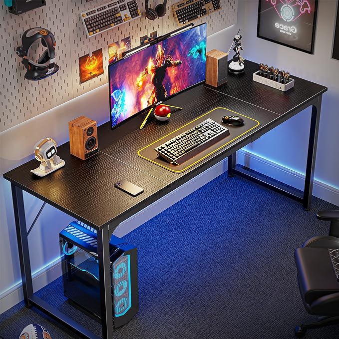 Computer Desk, 63 Inch Office Desk, Gaming Desk with Storage, Writing Desk Work Desk for Home Office, Study, Modern Simple Desk, Large Legroom, Metal Frame, Black - LeafyLoom