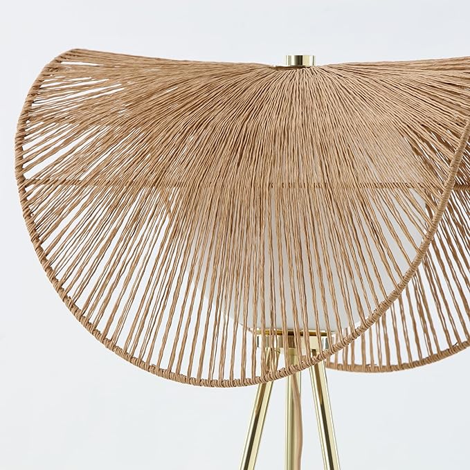 Sovev 62.87 in. Brass Bohemian Floor Lamp for Living Room with Opal Glass Rattan Shade - LeafyLoom