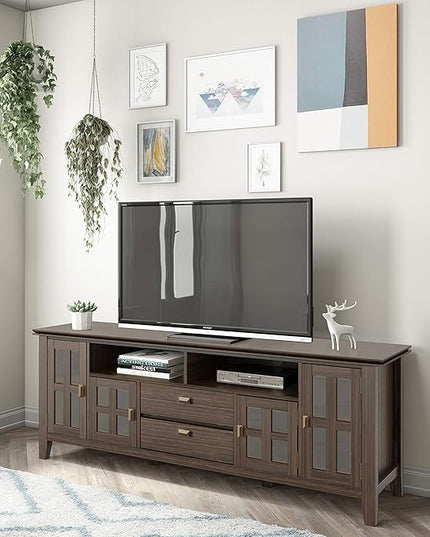 SIMPLIHOME Artisan SOLID WOOD Universal TV Media Stand, 72 inch Wide, Transitional, Living Room Entertainment Center, Storage Cabinet, for Flat Screen TVs up to 80 inches in Farmhouse Brown - LeafyLoom