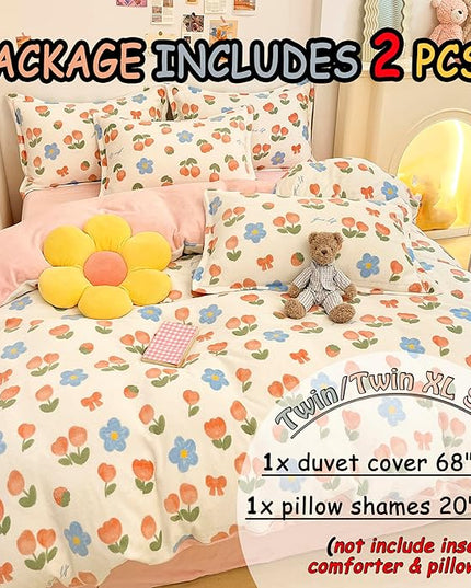 MorroMorn Twin Bedding Sets, Pink Tulips Floral Duvet Cover Set, Plush Fluffy Comforter Covers Lightweight Blanket Ultra Soft Cute for Girls Kids Toddler Teen Preppy Twin/Twin XL Size - LeafyLoom