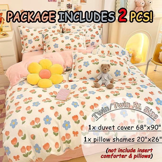 MorroMorn Twin Bedding Sets, Pink Tulips Floral Duvet Cover Set, Plush Fluffy Comforter Covers Lightweight Blanket Ultra Soft Cute for Girls Kids Toddler Teen Preppy Twin/Twin XL Size - LeafyLoom