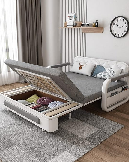 62" Modern Light Gray Cotton Linen Upholstered Convertible Pull Out Sofa Bed Storage - LeafyLoom