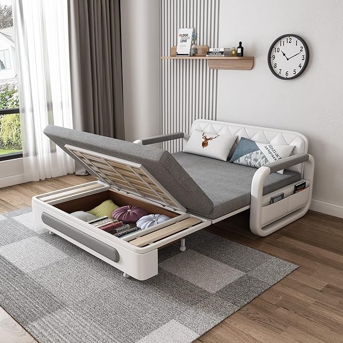 62" Modern Light Gray Cotton Linen Upholstered Convertible Pull Out Sofa Bed Storage - LeafyLoom