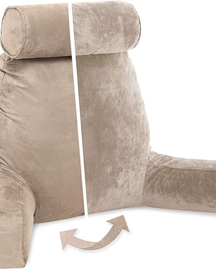Husband Pillow XXL Aspen Edition, Adult Reading Sit Up Bed Rest Pillow for Bed with Arms & Neck Roll on Bungee Cord - Premium Memory Foam - Reversible 2 Sided Cover Micro Suede or Plush, Cowboy Taupe - LeafyLoom