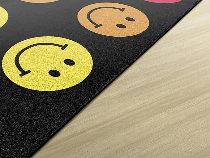 Flagship Carpets Schoolgirl Style Rainbow Smileys in Black Criss-Cross Applesauce Educational Area Rug for Kids Room, Children's Classroom for Teaching & Playroom, 7'6" x 12', Black & Multi, Seats 28 - LeafyLoom