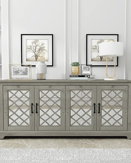 Galano Millicent TV Stand for up to 75 Inch TV, Farmhouse Entertainment Center with Mirror Doors & Storage Shelves, Rustic Media Console Cabinet for Living Room, Mexican Grey - LeafyLoom
