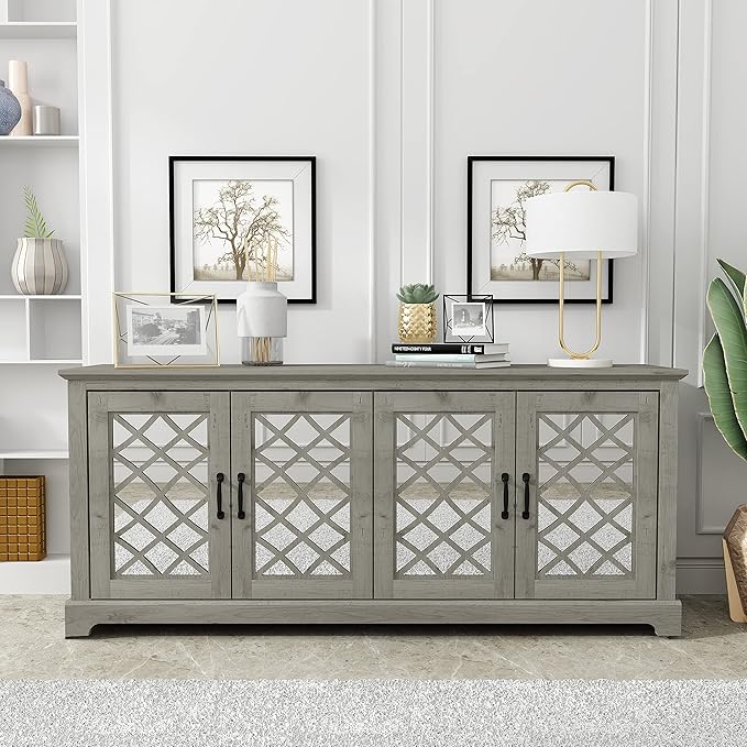 Galano Millicent TV Stand for up to 75 Inch TV, Farmhouse Entertainment Center with Mirror Doors & Storage Shelves, Rustic Media Console Cabinet for Living Room, Mexican Grey - LeafyLoom
