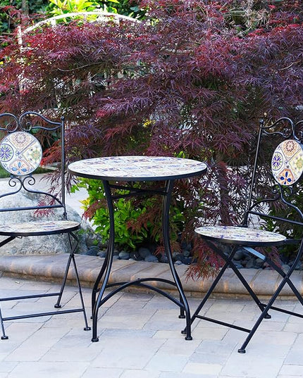 Alpine Corporation Indoor/Outdoor Mediterranean Tile Design Set Table and Chairs Patio Seating - LeafyLoom
