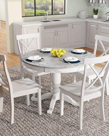 5-Piece Dining, Kitchen Set with Marble-Top Round Table and 4 Comfortable X Back Wood Chairs, Ensemble for Cozy Family Meals, White - LeafyLoom