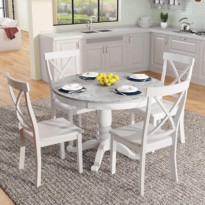 5-Piece Dining Marble-Top Round 4 Comfortable X Back Wood, Elegant Kitchen Table and Chairs Set, Ensemble for Cozy Family Meals, White - LeafyLoom