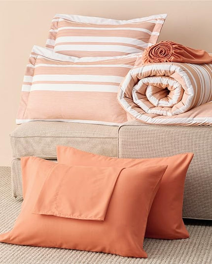 Bedsure Bed in a Bag Queen Size 7 Pieces, Burnt Orange White Striped Bedding Comforter Sets All Season Bed Set, 2 Pillow Shams, Flat Sheet, Fitted Sheet and 2 Pillowcases - LeafyLoom