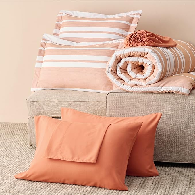 Bedsure Bed in a Bag Queen Size 7 Pieces, Burnt Orange White Striped Bedding Comforter Sets All Season Bed Set, 2 Pillow Shams, Flat Sheet, Fitted Sheet and 2 Pillowcases - LeafyLoom