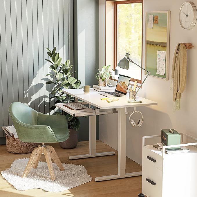FEZIBO Standing Desk with Keyboard Tray, 40 × 24 Inches Electric Height Adjustable Desk, Sit Stand Up Desk, Computer Office Desk, White - LeafyLoom