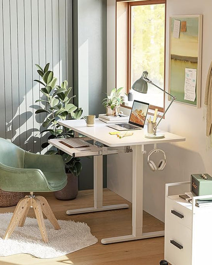 FEZIBO Standing Desk with Keyboard Tray, 48 × 24 Inches Electric Height Adjustable Desk, Sit Stand Up Desk, Computer Office Desk, White - LeafyLoom