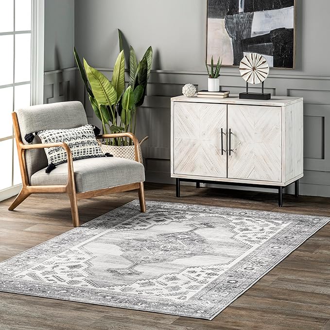 nuLOOM Gracie Distressed Medallion Machine Washable Ultra Thin Area Rug, 8x10, Grey - LeafyLoom
