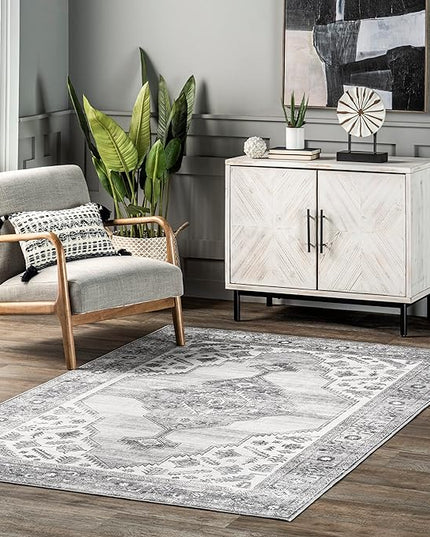 nuLOOM Gracie Distressed Medallion Machine Washable Ultra Thin Area Rug, 4x6, Grey - LeafyLoom