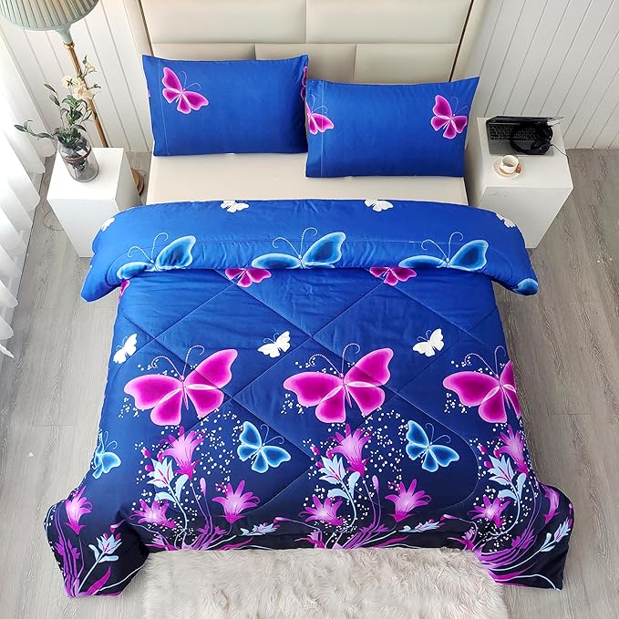 SDY 3PCS Butterfly Comforter Set Queen, Butterfly Bedroom Decor Quilt Bedding Bed in a Bag, Floral Quilts Queen Size for Girls, Kids, Toddler, Children, Teenage, Baby, Women… - LeafyLoom