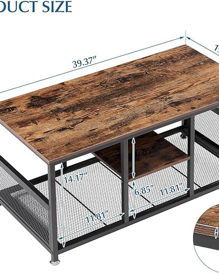 VECELO Coffee Center Table with Storage for Living Room Office Reception, Modern & Industrial Mesh Shelf, 39.4 Inch, Rustic Brown - LeafyLoom
