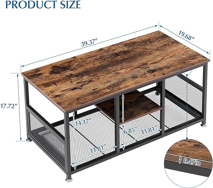 VECELO Coffee Center Table with Storage for Living Room Office Reception, Modern & Industrial Mesh Shelf, 39.4 Inch, Rustic Brown - LeafyLoom