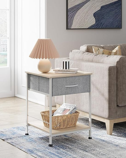 WLIVE Nightstand, End Table with Fabric Storage Drawer and Open Wood Shelf, Bedside Furniture with Steel Frame, Side Table for Bedroom, Dorm, Easy Assembly, Light Grey - LeafyLoom