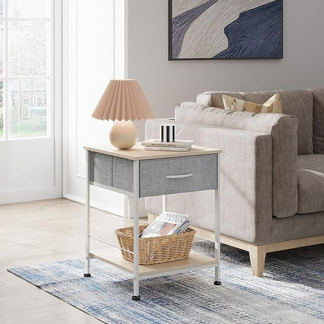 WLIVE Nightstand, End Table with Fabric Storage Drawer and Open Wood Shelf, Bedside Furniture with Steel Frame, Side Table for Bedroom, Dorm, Easy Assembly, Light Grey - LeafyLoom