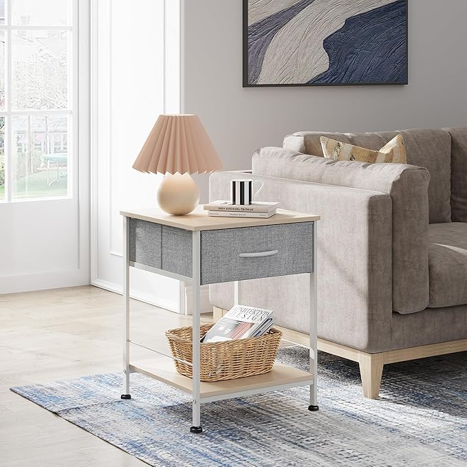 WLIVE Nightstand, End Table with Fabric Storage Drawer and Open Wood Shelf, Bedside Furniture with Steel Frame, Side Table for Bedroom, Dorm, Easy Assembly, Light Grey - LeafyLoom