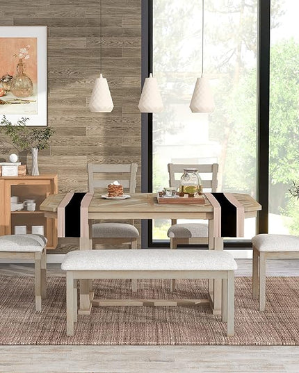Dining Table Set for 6, 6-Piece Rubber Wood Dining Table Set with Beautiful Wood Grain Pattern Tabletop and Soft Cushion, Dining Room Table Set for Living Room, Kitchen, Natural Wood Wash - LeafyLoom