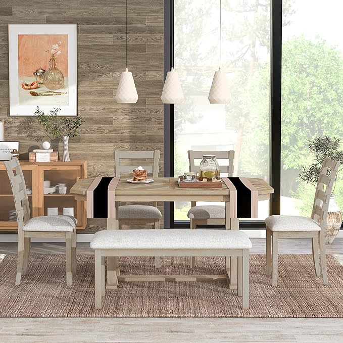 Dining Table Set for 6, 6-Piece Rubber Wood Dining Table Set with Beautiful Wood Grain Pattern Tabletop and Soft Cushion, Dining Room Table Set for Living Room, Kitchen, Natural Wood Wash - LeafyLoom