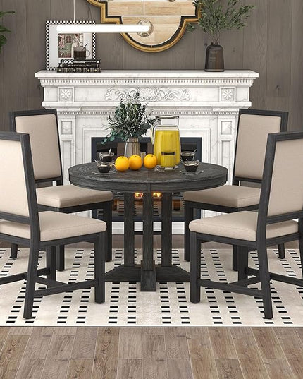 Farmhouse Style Extendable Round 4 Upholstered Chairs, Solid Wood Retro, Easy Assembly, Room, Kitchen, 5 Piece Dining Table Set, Black 16 - LeafyLoom
