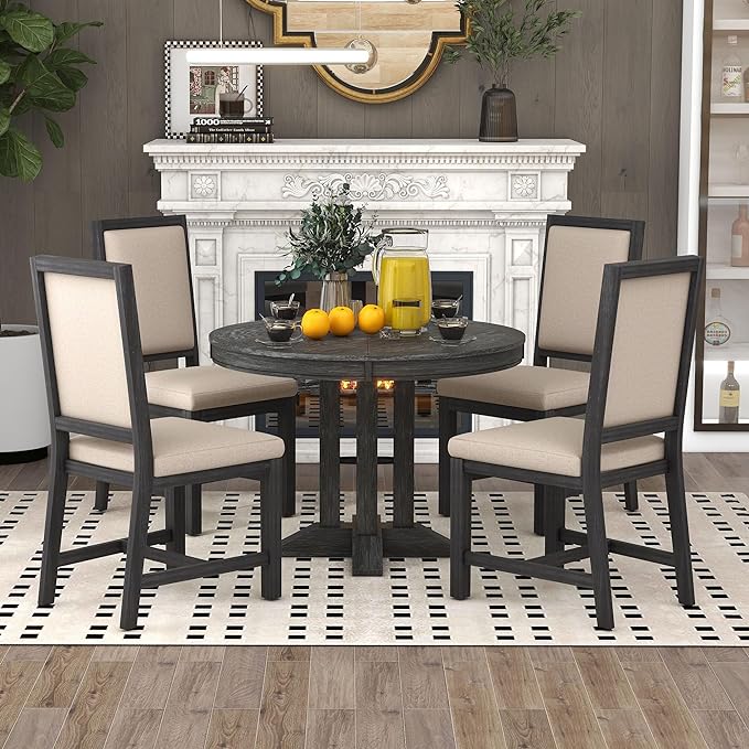 Farmhouse Style Extendable Round 4 Upholstered Chairs, Solid Wood Retro, Easy Assembly, Room, Kitchen, 5 Piece Dining Table Set, Black 16 - LeafyLoom