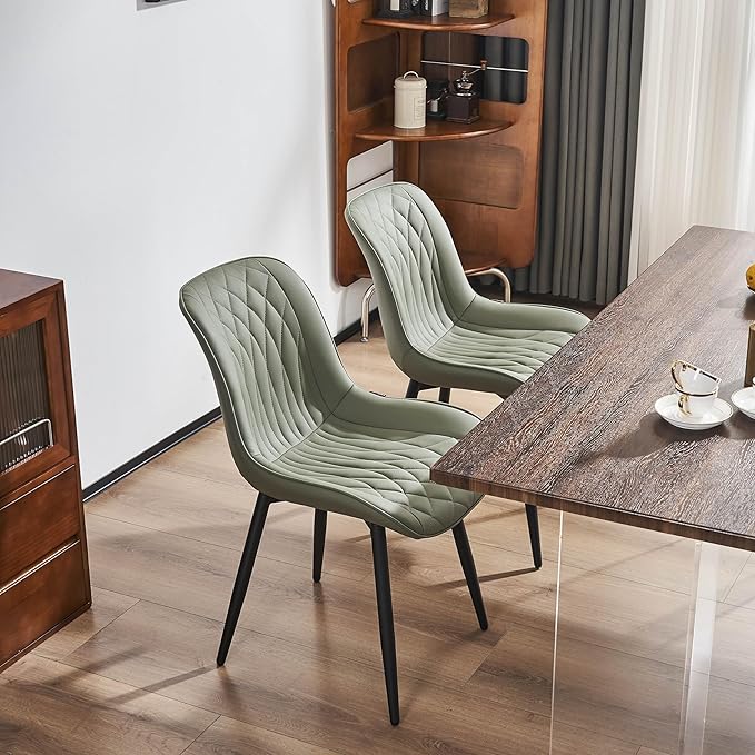 YOUNIKE Olive Green Dining Chairs set of 2 with High Backs Mid Century Modern Kitchen & Dining Room Chairs PU Faux Leather Upholstered sillas de comedor Comfortable Padded Accent Chairs with Metal Leg - LeafyLoom