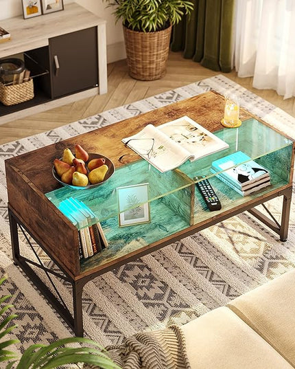 Bestier LED Coffee Tables for Living Room, 42 Inch Wood Center Table with Glass Top for Game Night. Rustic Brown - LeafyLoom