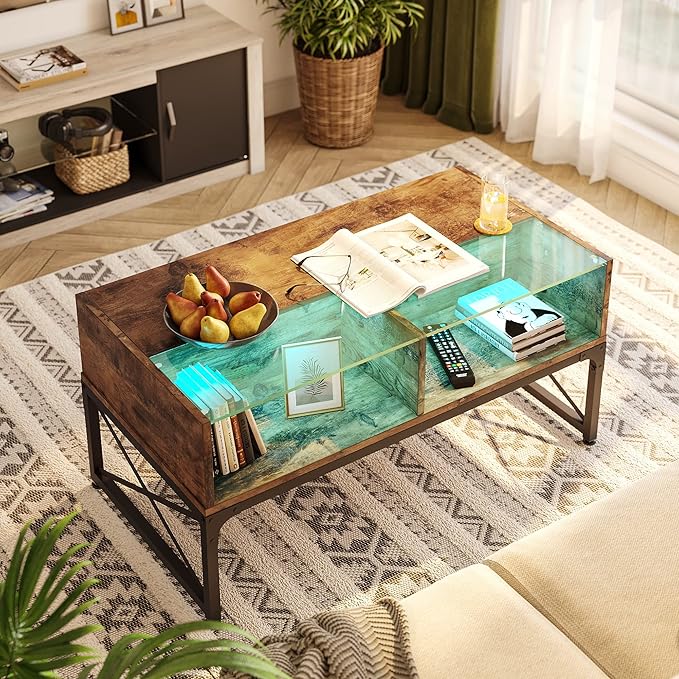 Bestier LED Coffee Tables for Living Room, 42 Inch Wood Center Table with Glass Top for Game Night. Rustic Brown - LeafyLoom