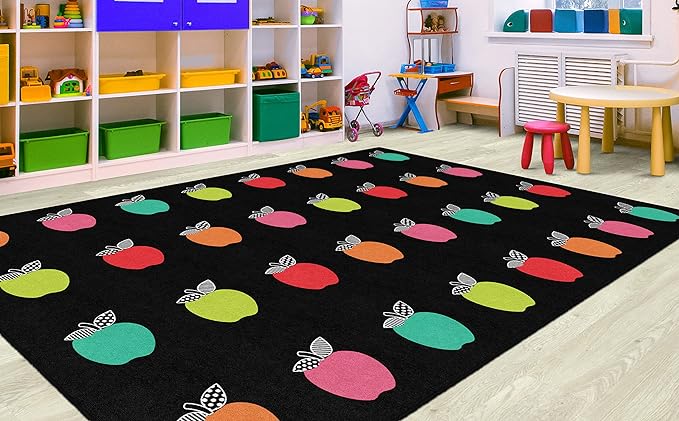 Flagship Carpets Schoolgirl Style Stylish Black & White Brights Apple Sit Spot Classroom Area Rug for Indoor Classroom Learning or Kid Bedroom Educational Play Mat, 7'6" x 12' - LeafyLoom