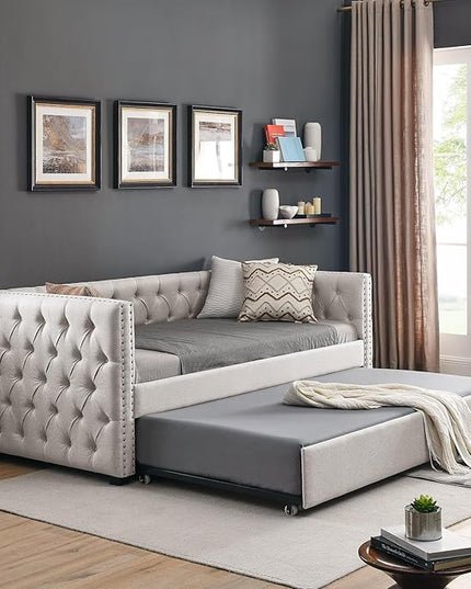 Size Linen Upholstered Daybed with Twin Trundle, Solid Wooden Bed Frame w/Button Tufted and Copper Nail on Square Arms, No Spring Box Need, for Kids, Bedroom, Dorm, Beige-4 - LeafyLoom