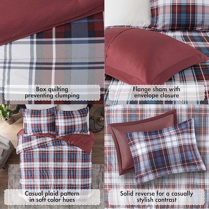 Madison Park Essentials Parkston Plaid Comforter, Matching Sham, 3M Scotchguard Stain Release Cover, Hypoallergenic All Season Bedding-Set, King/California King, Red, 3 Piece - LeafyLoom
