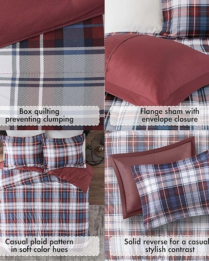 Madison Park Essentials Parkston Plaid Comforter, Matching Sham, 3M Scotchguard Stain Release Cover, Hypoallergenic All Season Bedding-Set, Full/Queen, Red, 3 Piece - LeafyLoom
