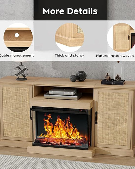 3-Side Glass Fireplace TV Stand for TVs up to 65'', Electric Fireplace TV Stand with Rattan Cabinet, Entertainment Center with Fireplace, Boho, Natural - LeafyLoom