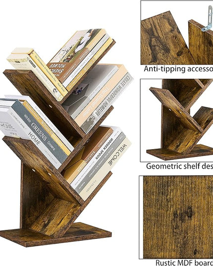 Hoctieon 4 Tier Tree Bookshelf, 4 Shelf Bookcase, Modern Book Storage, Free Standing Tree Bookcase, Utility Organizer Shelves for Home Office, Living Room, Bedroom, Rustic Brown - LeafyLoom